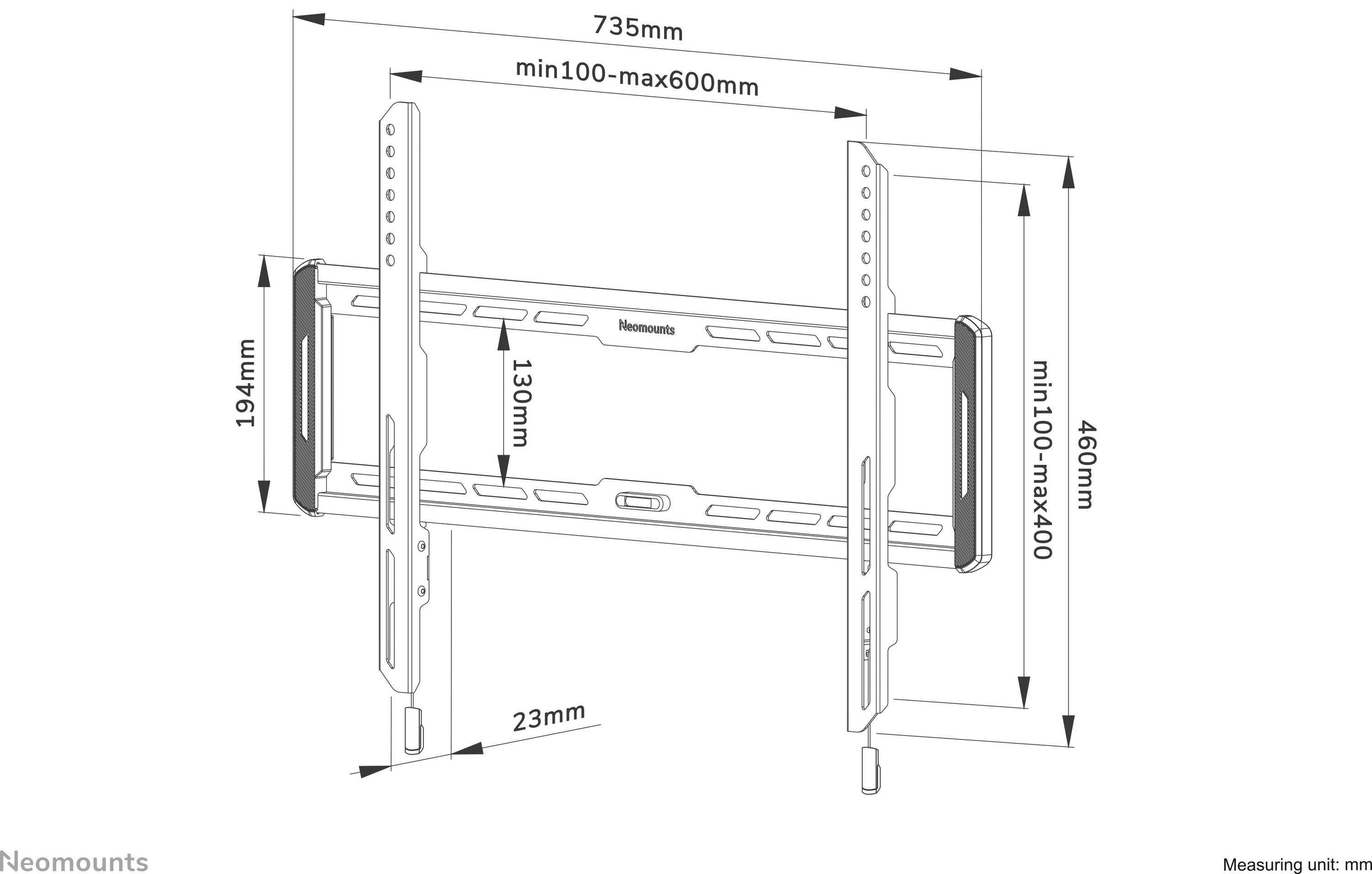 Diagramm einer Wandhalterung mit Maßen: Breite 735mm, Höhe 460mm. Einstellbare Halterung, passend für 100-600mm in der Breite.
