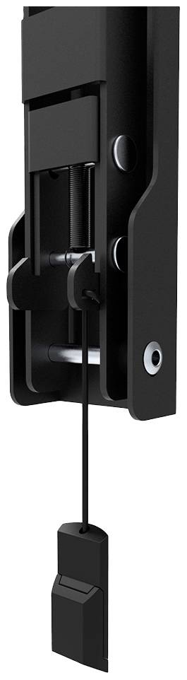 Nahaufnahme eines Türverriegelungsmechanismus mit Kabelzug, hauptsächlich aus schwarzem Metall. Einfache und robuste Konstruktion.