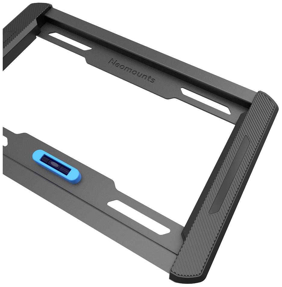 'Neomounts' schwarzer Halterungsrahmen mit blauer Wasserwaage.