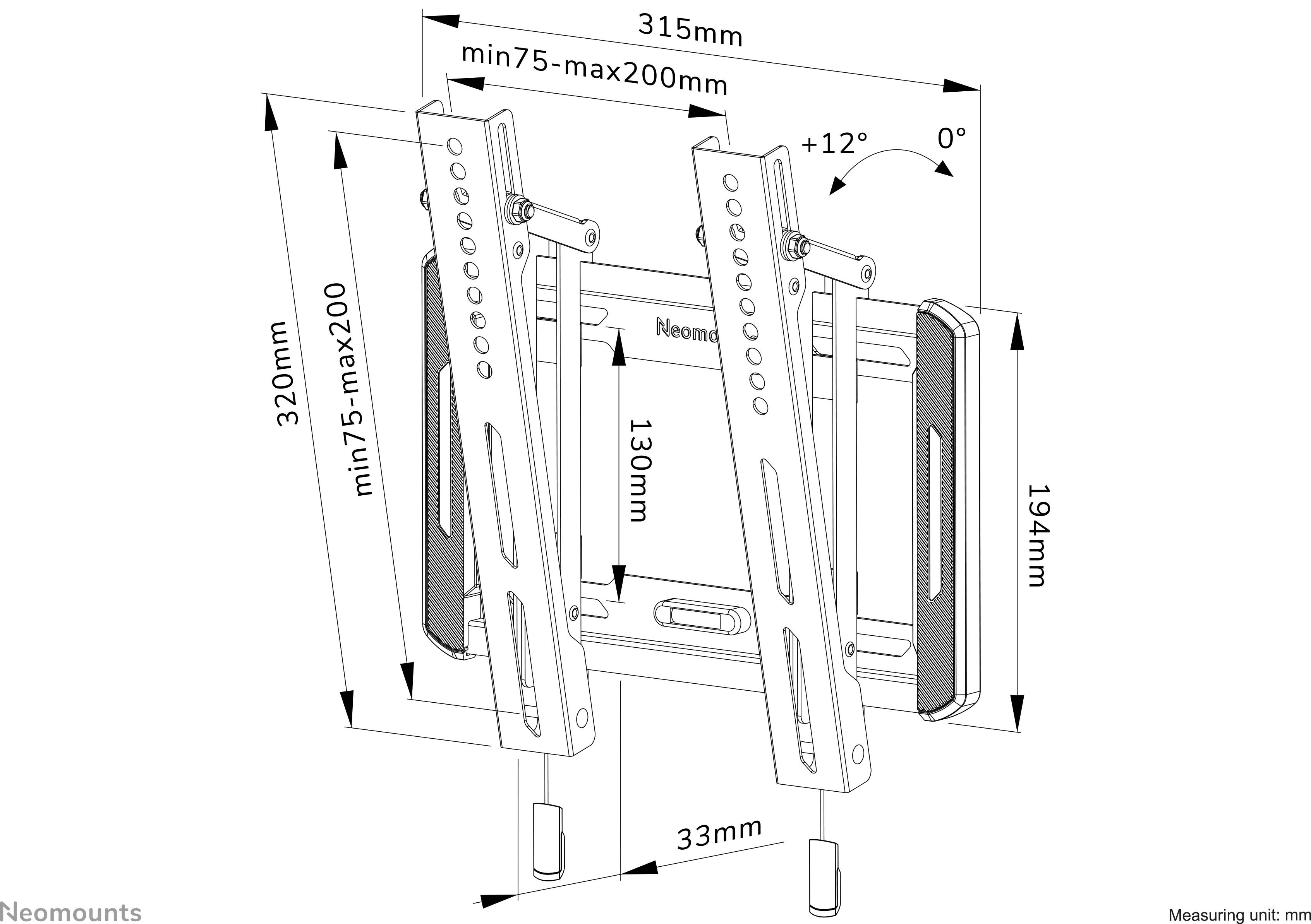 Neigbare TV-Wandhalterung für Bildschirme, Maße: 315 mm Breite, 320 mm Höhe, verstellbar von 75 bis 200 mm. Neigung +12° bis 0°.