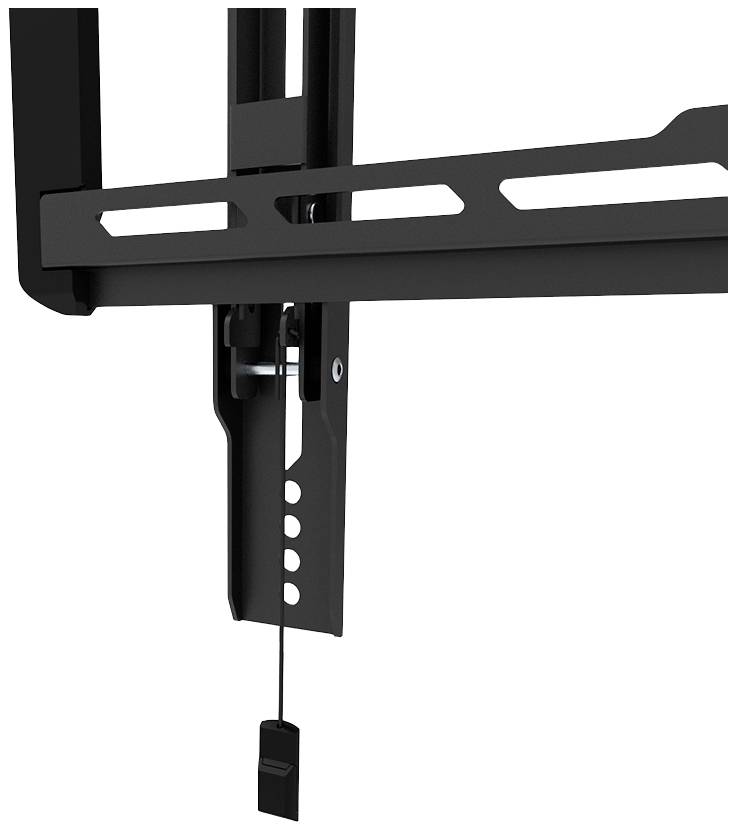 Schwarze Halterung mit Mechanismus, geeignet zur Befestigung von Geräten an der Wand. Sichtbare Einstell- und Befestigungselemente.