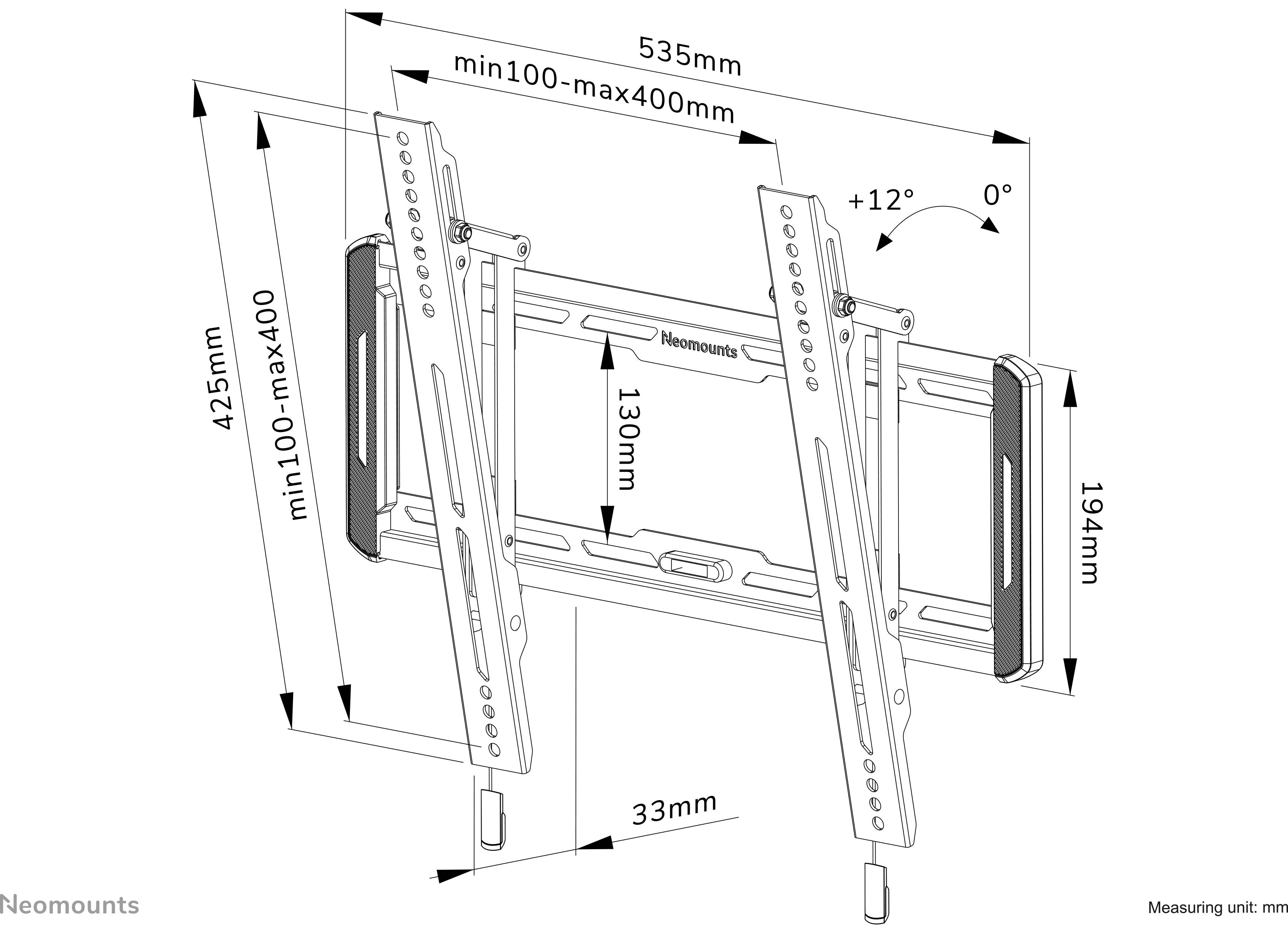 Wandhalterung für Fernseher: Höhenverstellbarer Bereich 100-400mm, Breite 535mm, Neigung -12° bis 0°, Maßeinheit mm.