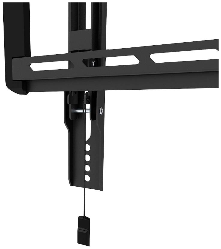 Nahaufnahme eines schwarzen, verstellbaren Wandhalterungssystems mit Hebel und Zugmechanismus, geeignet für Monitore oder Fernseher.