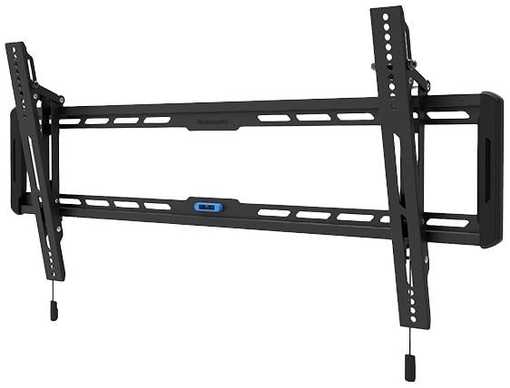 TV-Wandhalterung in schwarzem Metall mit neigbarer Funktion, geeignet für große Fernseher. Zeigt Befestigungselemente und Kabelmanagement.