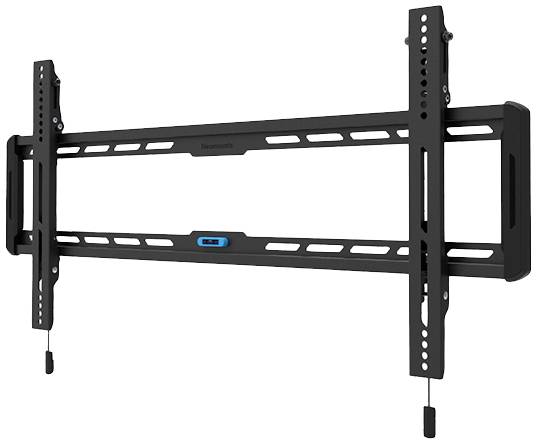 Eine flache, schwarze TV-Wandhalterung für große Bildschirme, verstellbar in Neigung und Abstand zur Wand.