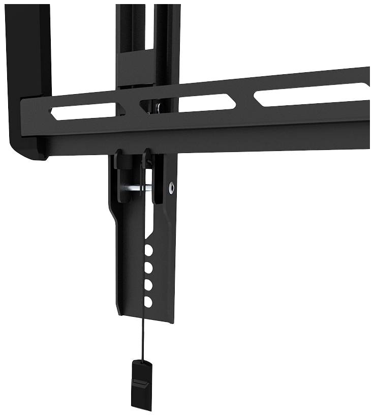 Nahaufnahme eines schwarzen metallischen TV-Wandhalters mit verstellbarem Mechanismus und Zugband.