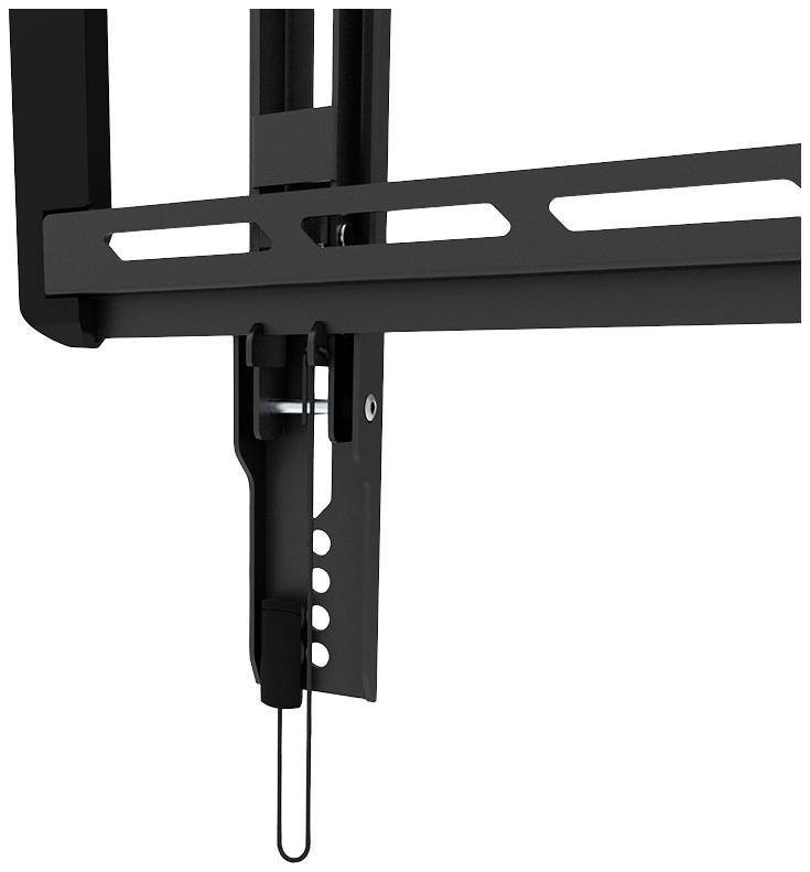 Nahaufnahme einer schwarzen Wandhalterung aus Metall, die zur Befestigung von Objekten oder Geräten, wie Fernsehern, an Wänden dient.
