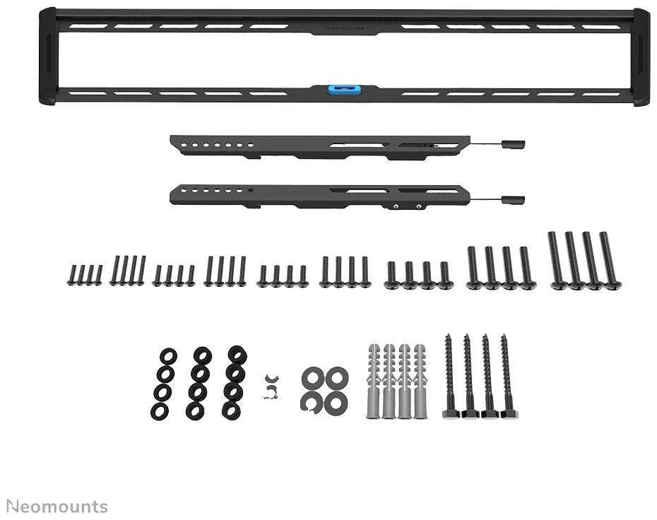 Montageset für Bildschirmhalterung, bestehend aus einer schwarzen Halterungsschiene, Befestigungsarmen, Schrauben, Unterlegscheiben und Dübeln.