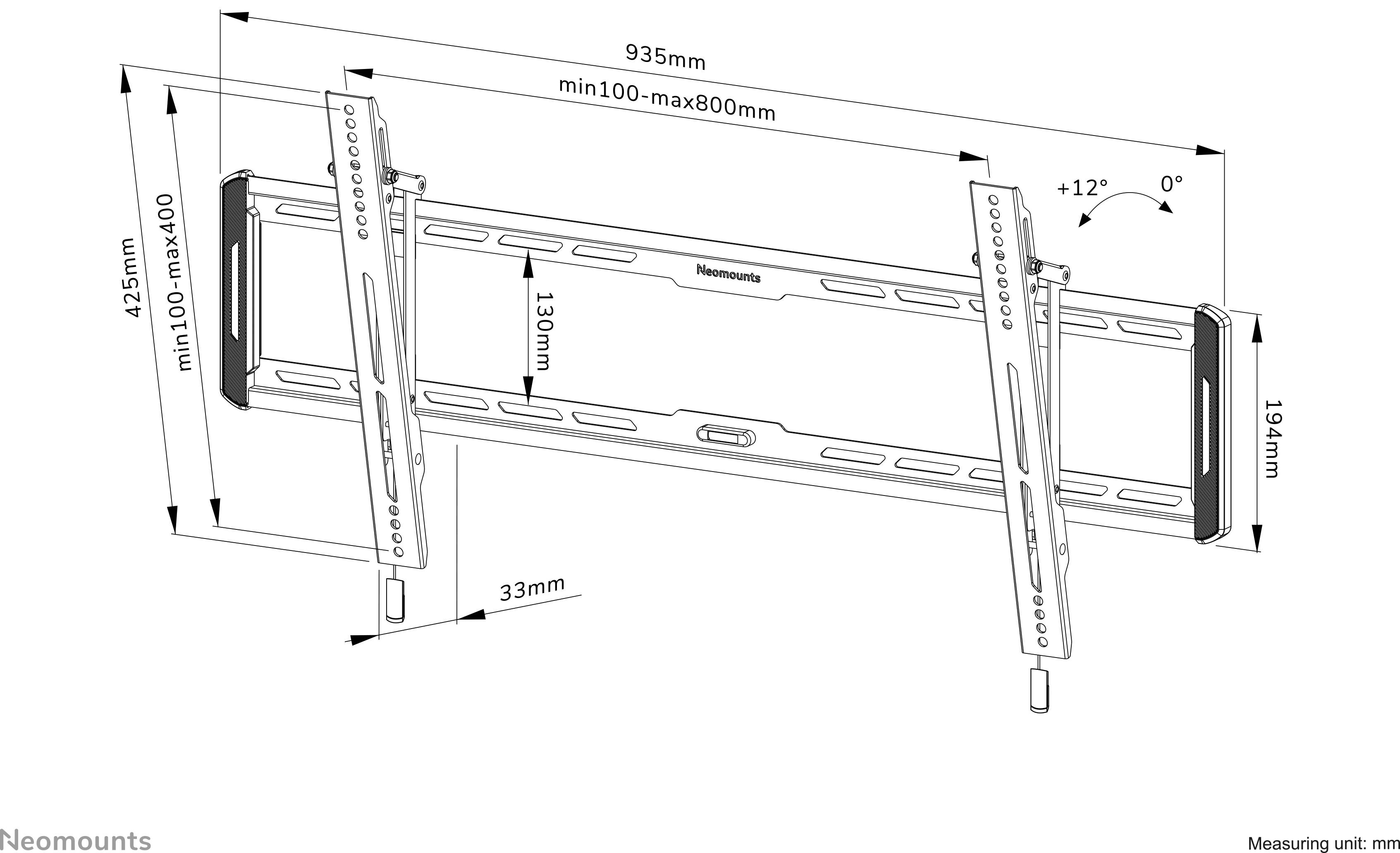 Montagehalterung: 935mm Breite, Höhenverstellbar von 100-400mm, Neigung +12° bis 0°, seitlich 130mm, kompatibel mit min.100-max.800mm breiten Bildschirmen.