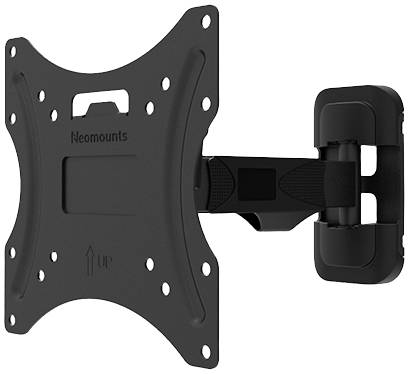 Schwarze, verstellbare TV-Wandhalterung mit schwenkbarem Arm, geeignet für Flachbildschirme.