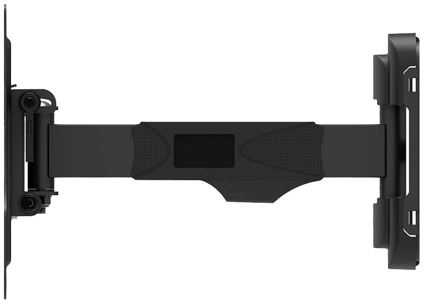 Schwenkbare TV-Wandhalterung aus schwarzem Metall, ausgezogen. Eignet sich für die flexible Positionierung eines Fernsehers an der Wand.
