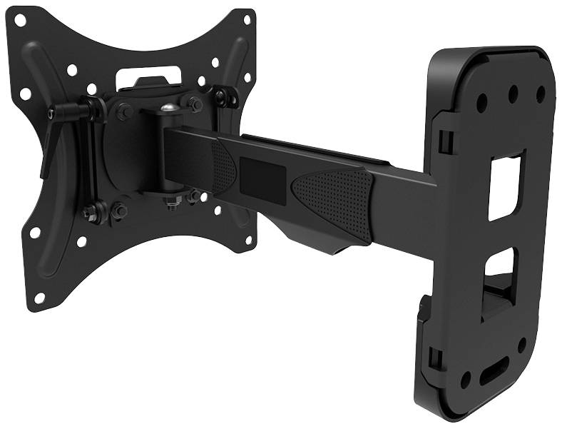 Schwarze TV-Wandhalterung mit schwenkbarem und neigbarem Arm, geeignet für Flachbildfernseher.