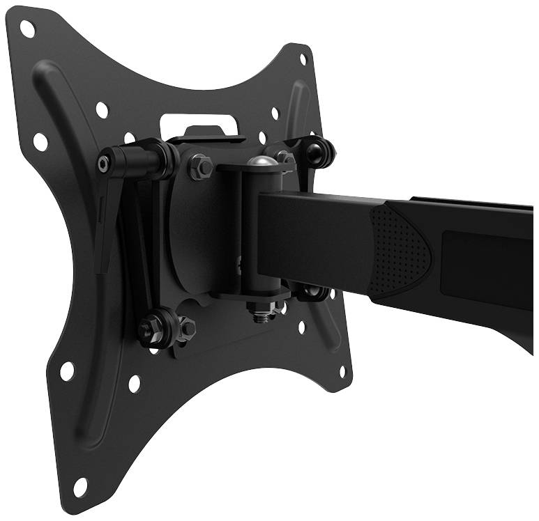 Eine schwarze Monitorhalterung aus Metall zeigt das Montagesystem mit Schrauben und einer Befestigungsplatte an einem schwenkbaren Arm.