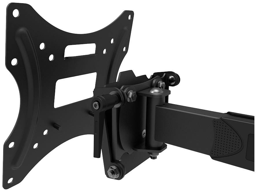 Schwarze, verstellbare Wandhalterung zur Befestigung eines Flachbildschirms. Sie besteht aus Metall mit mehreren Schrauben und Gelenken.