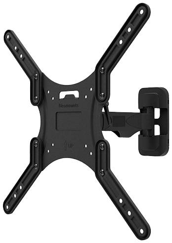 Schwarze TV-Wandhalterung mit schwenkbarem Arm, geeignet für Flachbildschirme, zeigt Löcher zur Montage und verstellbare Gelenke.