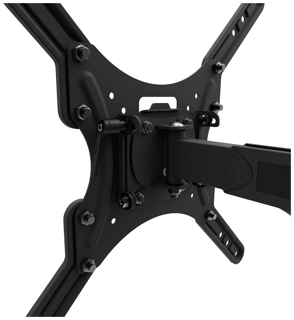 Eine schwarze TV-Wandhalterung mit verstellbarem Arm und mehreren Schrauben, die eine stabile Befestigung ermöglichen.