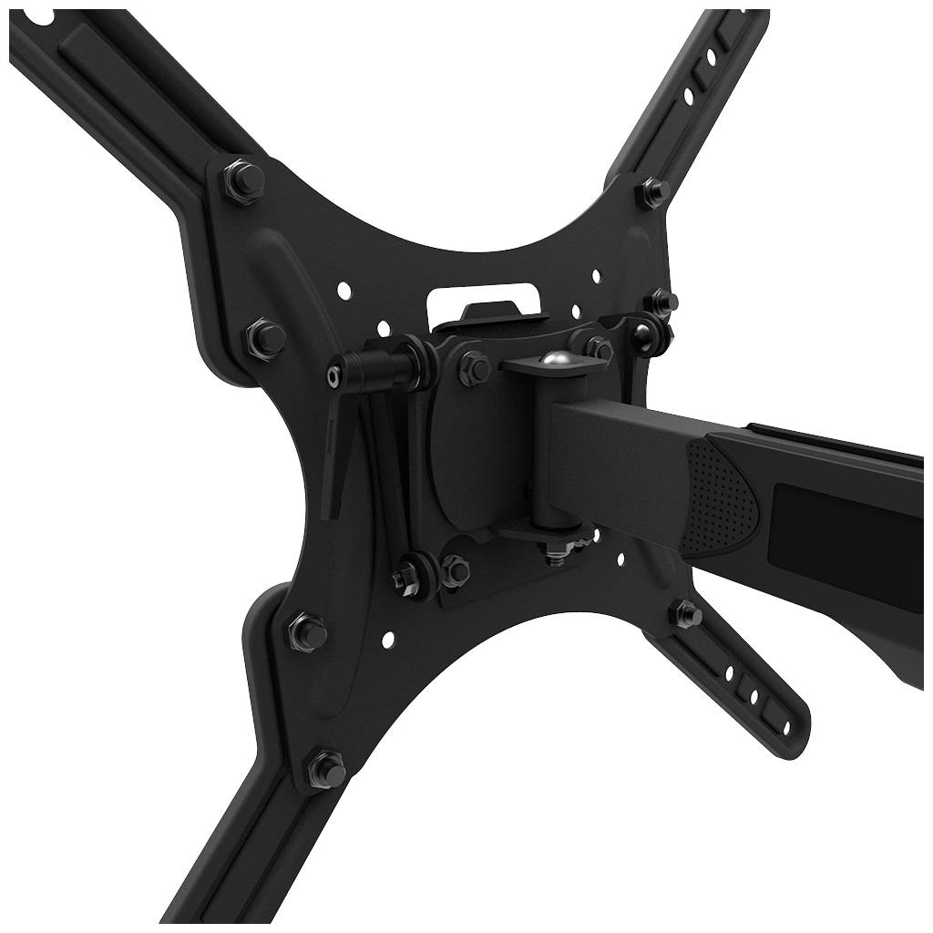 Nahaufnahme einer schwarzen, verstellbaren TV-Wandhalterung. Zeigt die Befestigungsschrauben und das Gelenksystem zur Neigungseinstellung.