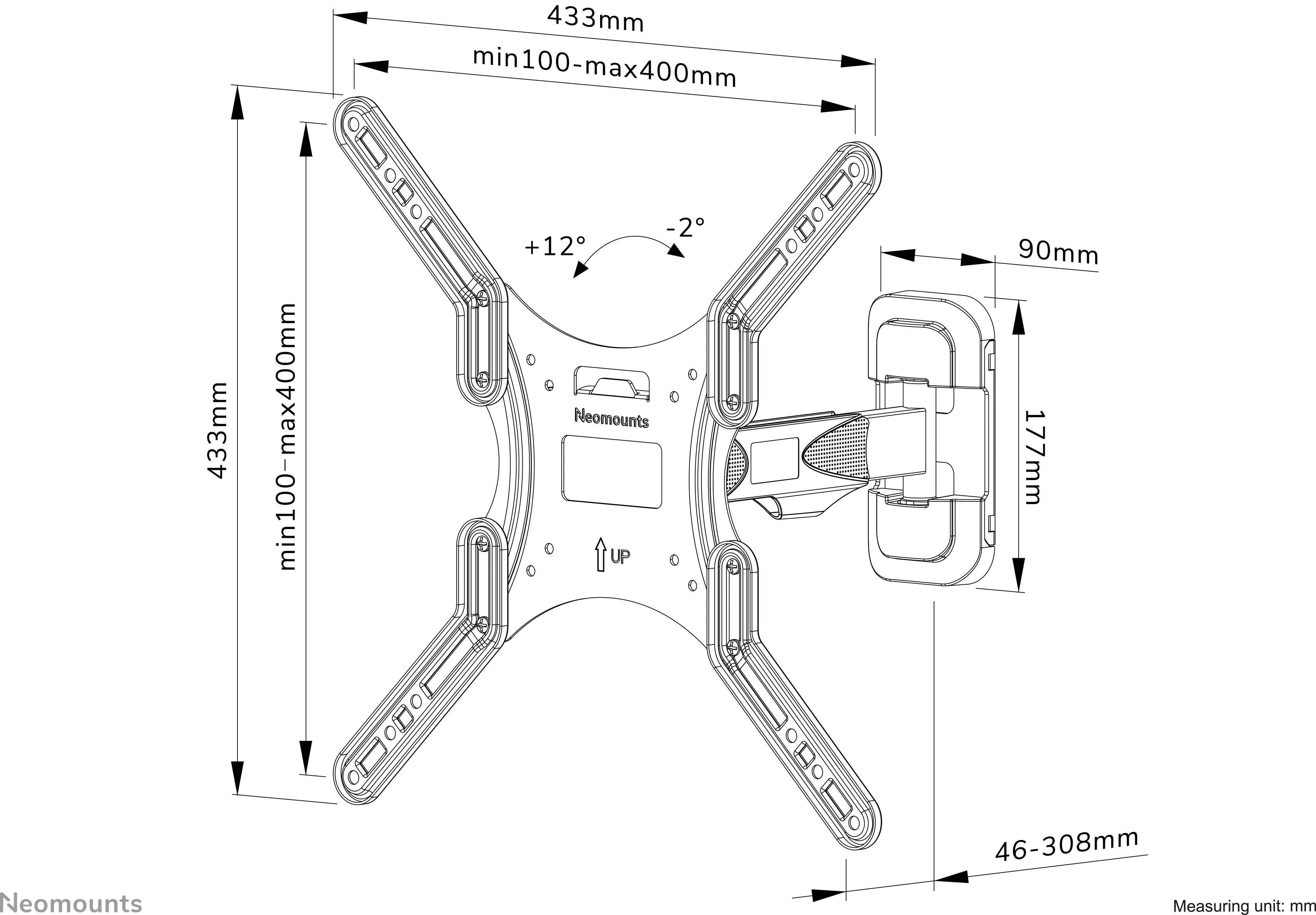 Zeichnung einer Wandhalterung für Monitore. Maße: 433 mm Breite, 177 mm Höhe, 90 mm Tiefe, schwenkbar um +12°/-2°, neigbar.