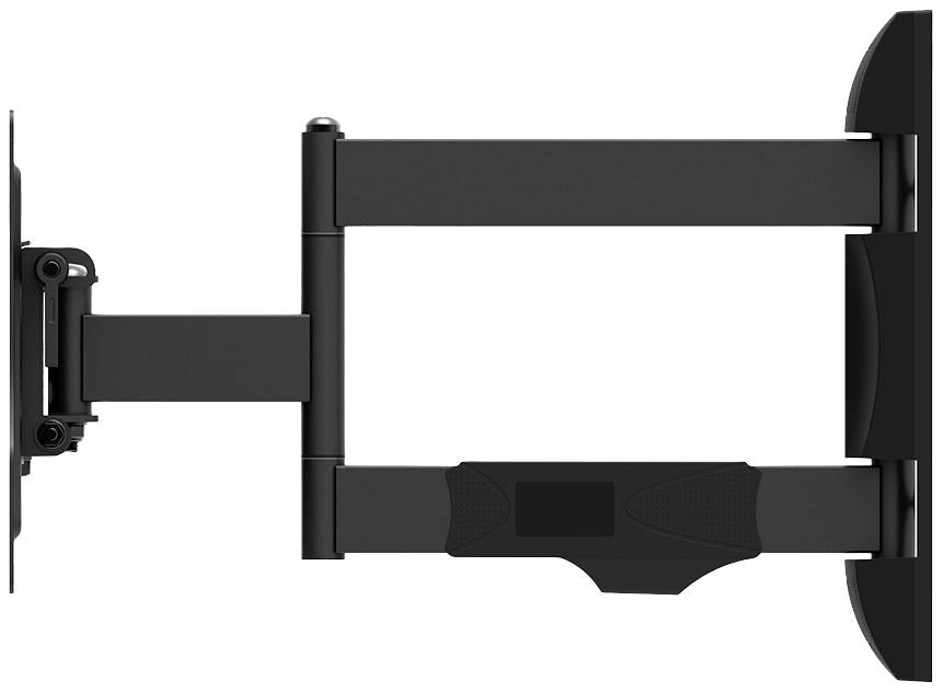 Ein schwarzer, verstellbarer TV-Wandhalterung mit mehreren Gelenken ermöglicht flexible Positionierung des Bildschirms an der Wand.