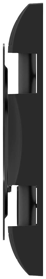 Schwarzes, flaches, vertikales Gerät mit gewölbten Kanten. Seitenansicht zeigt eine schlanke und moderne Gestaltung.