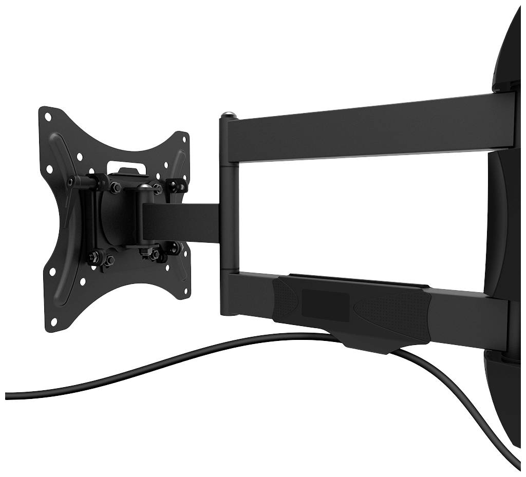 Schwenkbare TV-Wandhalterung aus Metall, links ausgerichtet, mit einem Kabel. Geeignet zur flexiblen Positionierung von Bildschirmen.