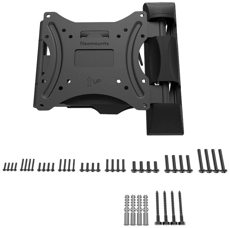 Eine schwarze Monitorhalterung mit der Aufschrift 'Neomounts UP', begleitet von verschiedenen Schrauben und Dübeln zur Montage.