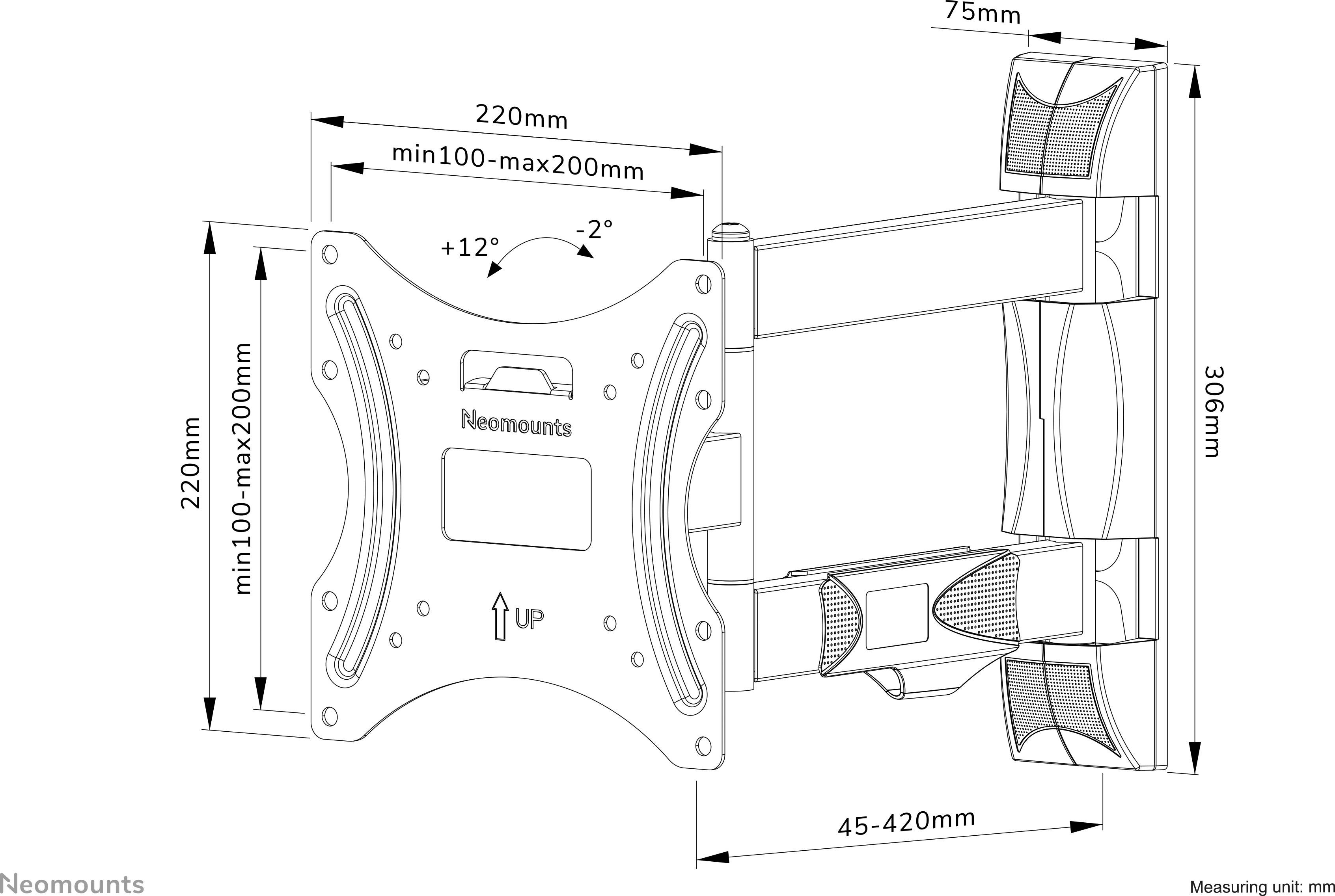 Technische Zeichnung einer Monitorhalterung. Maße: 220mm Breite, 306mm Höhe. Drehbar um ±12°, kippbar um ±20°. Passt Monitore 100-200mm.