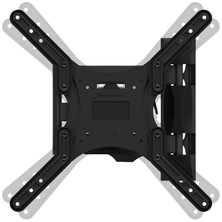 Eine schwarze, verstellbare TV-Wandhalterung mit mehreren Befestigungspunkten und Armen, geeignet für verschiedene Monitorgrößen.