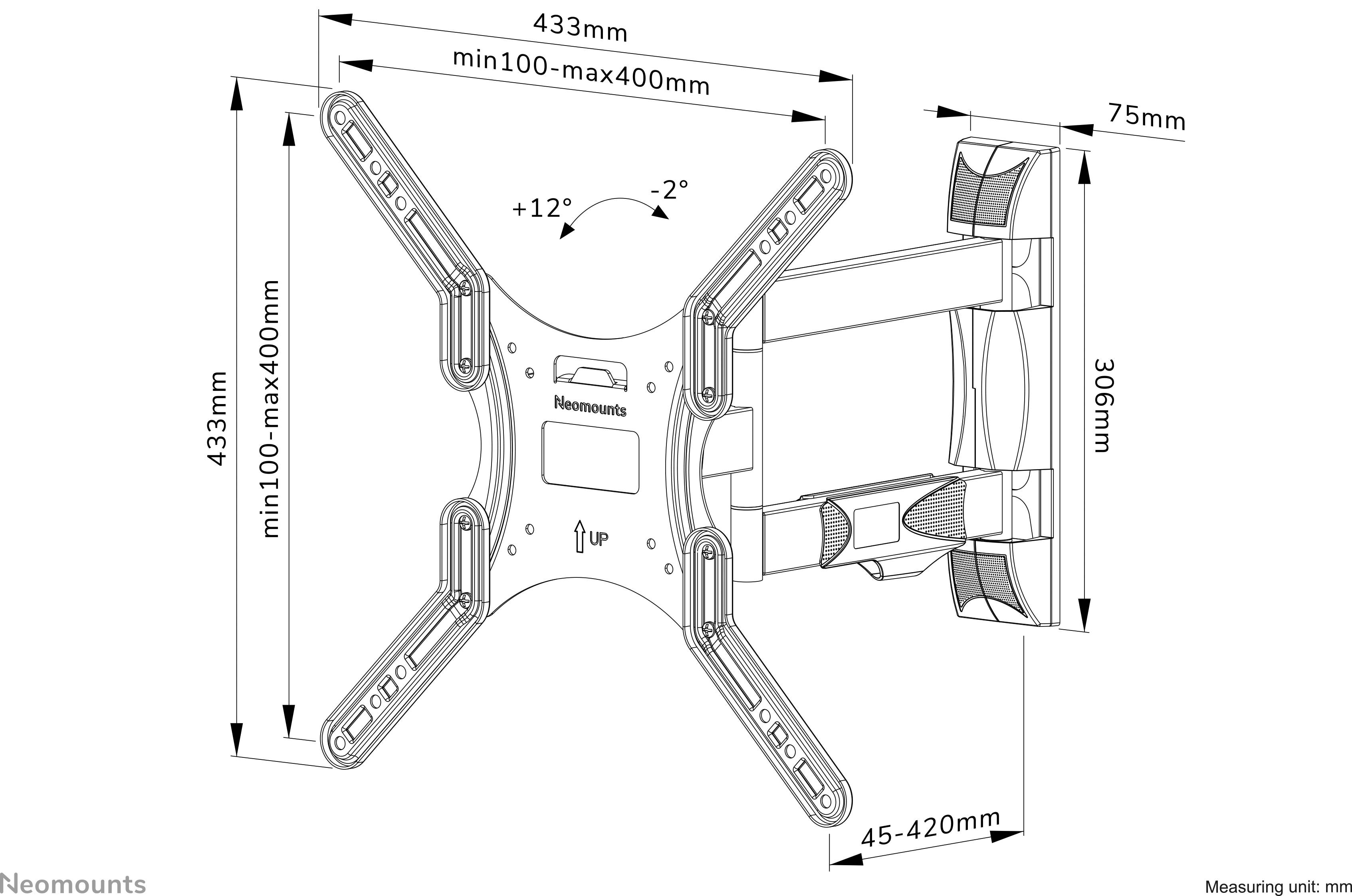 Zeichnung eines TV-Wandhalters von Neomounts. Maße: Breite 433mm, Höhe 433mm, Tiefe 75mm. Neigung einstellbar von +12° bis -2°.