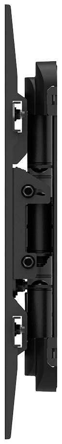 Seitliche Ansicht einer flachen, schwarzen Monitorhalterung, bestehend aus robusten Gelenken und Schrauben zur flexiblen Anpassung.