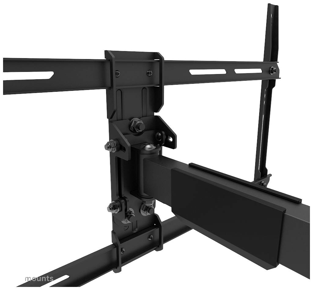 Bild zeigt eine schwarze TV-Wandhalterung aus Metall mit mehreren Schrauben und Gelenken zur Befestigung und Einstellung.