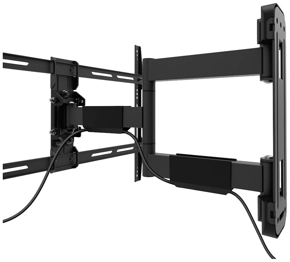 Schwenkbare TV-Wandhalterung aus schwarzem Metall mit Kabelmanagement, montiert an einer Wand, ermöglicht flexible Bildschirmpositionierung.