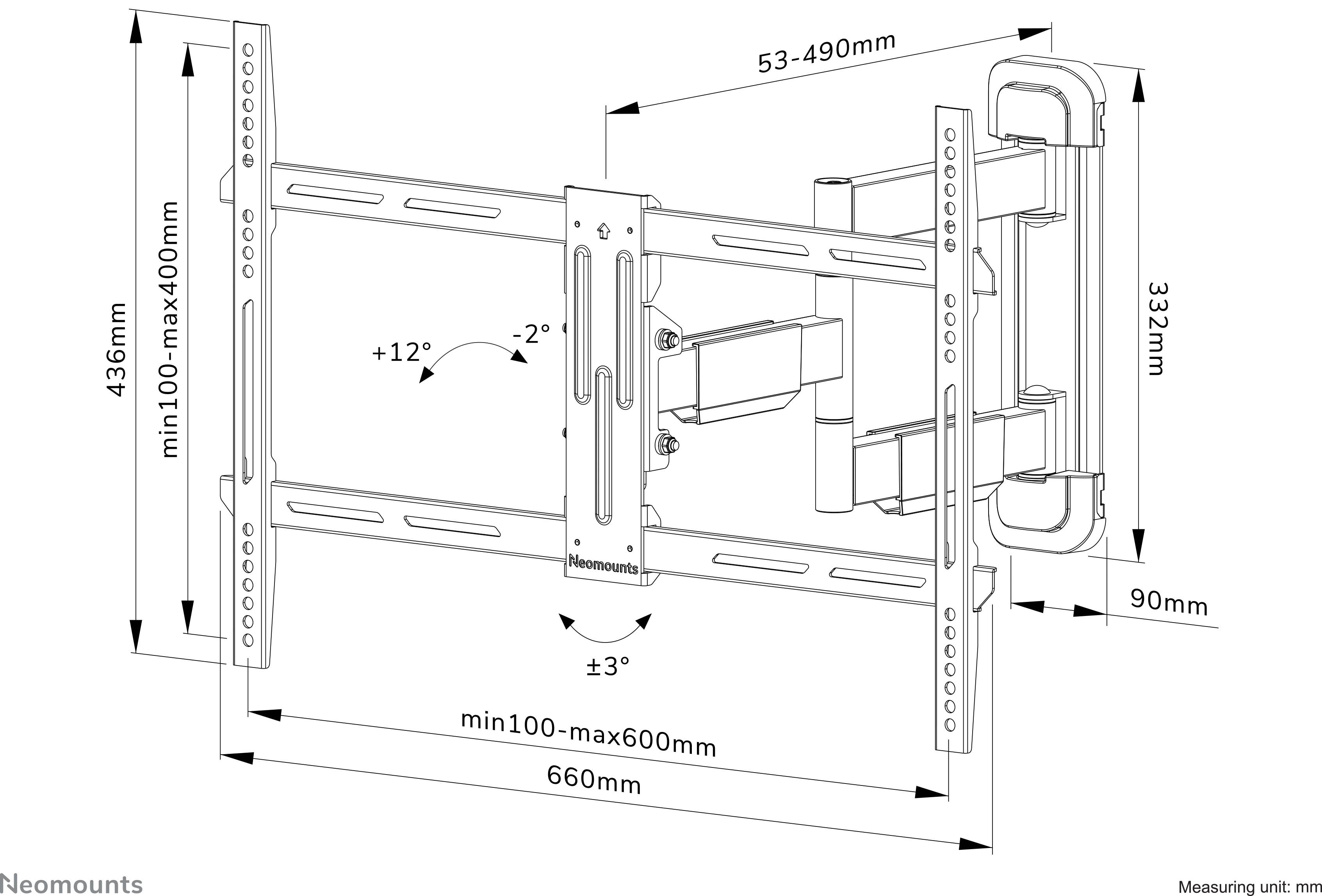 Wandhalterung für Fernseher, neigbar um +12° bis -2°, ausziehbar von 53 bis 490 mm, passend für VESA 100x100 bis max. 600x400 mm.