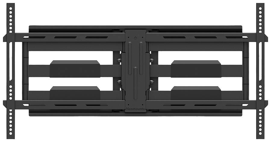 Schwarze, verstellbare TV-Wandhalterung aus Metall, horizontal montiert mit mehreren Befestigungspunkten für unterschiedliche TV-Größen.