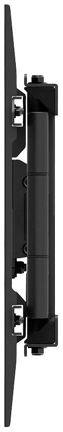 Seitliche Ansicht einer flachen, schwarzen TV-Wandhalterung mit verstellbaren Scharnieren und Befestigungselementen.