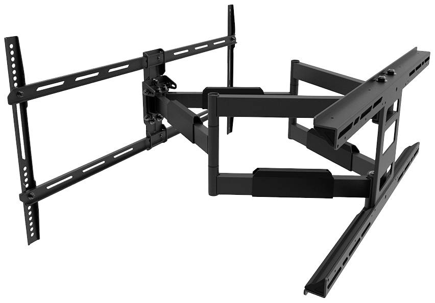 Ein schwarzer, schwenkbarer TV-Wandhalter mit mehreren Gelenken und Verlängerungen, geeignet für verschiedene TV-Größen.