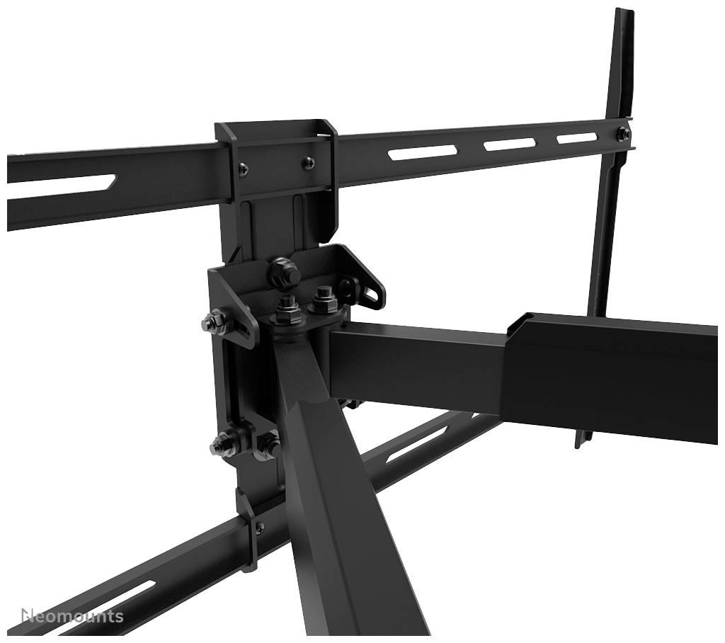 Montagehalterung aus schwarzem Metall, bestehend aus U-förmigen Schienen und Gelenken. Geeignet zur Befestigung an der Wand.