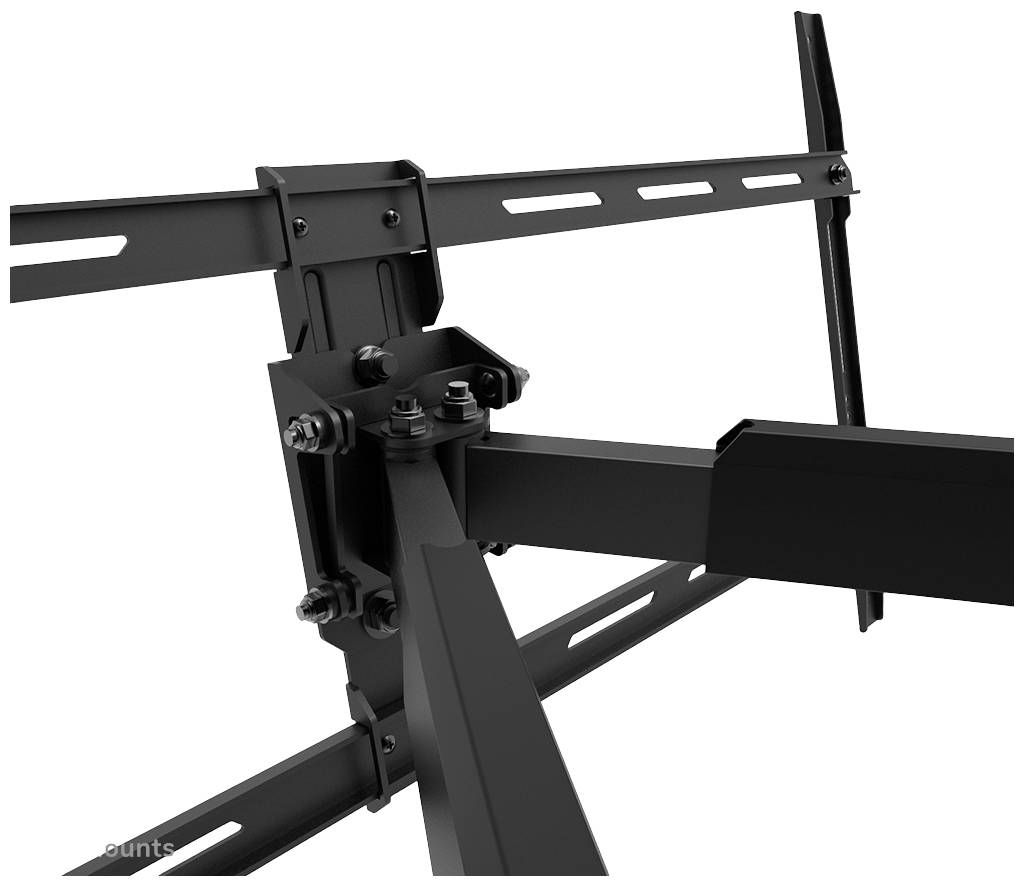 Ein schwarzer, metallischer TV-Wandhalterung mit verstellbaren Armen und Befestigungsschrauben für die Montage an der Wand.