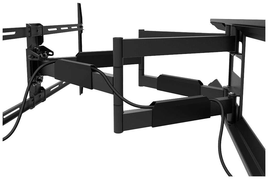 Eine schwarze, schwenkbare TV-Halterung mit Kabelmanagementsystem, an einer Wand montiert. Ideal für flexible Bildschirmpositionierung.