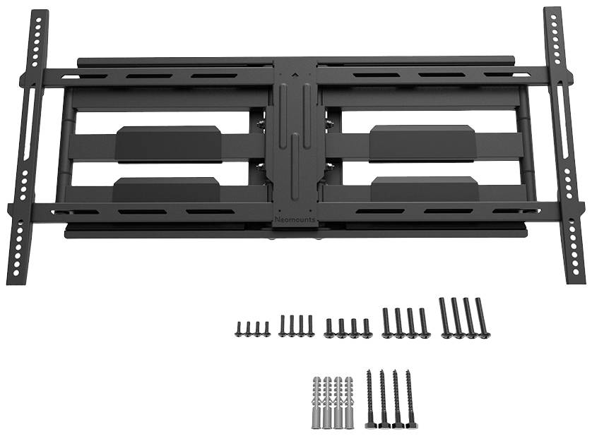 Schwarze TV-Wandhalterung aus Metall mit mehreren Befestigungsschrauben und Dübeln darunter, auf weißem Hintergrund.