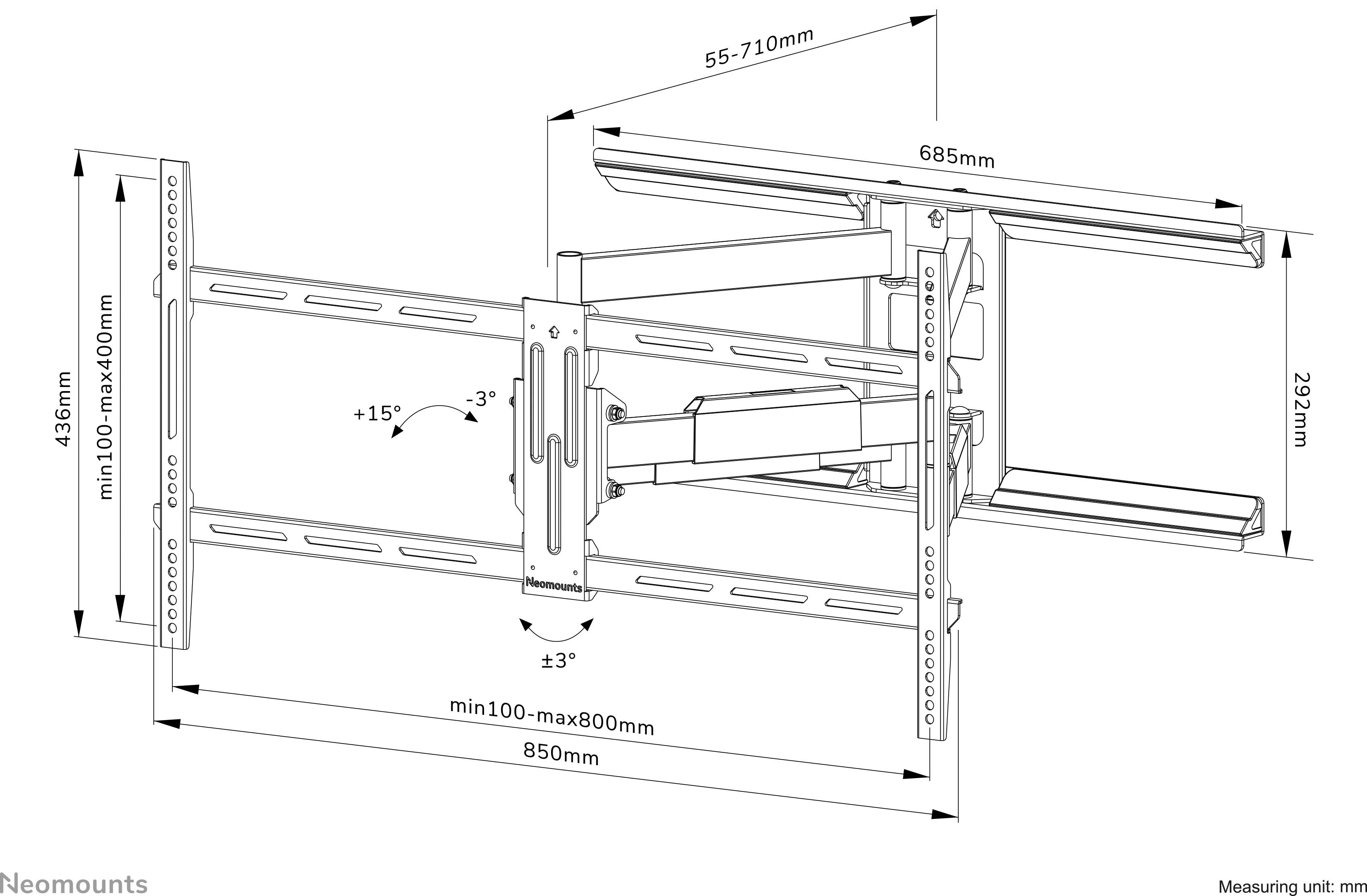 Wandhalterung für Fernseher, verstellbar. Maße: 685mm Breite, 292mm Höhe, einstellbare Tiefe 55-710mm. Neigung +15°/-3°, Drehung 3°.