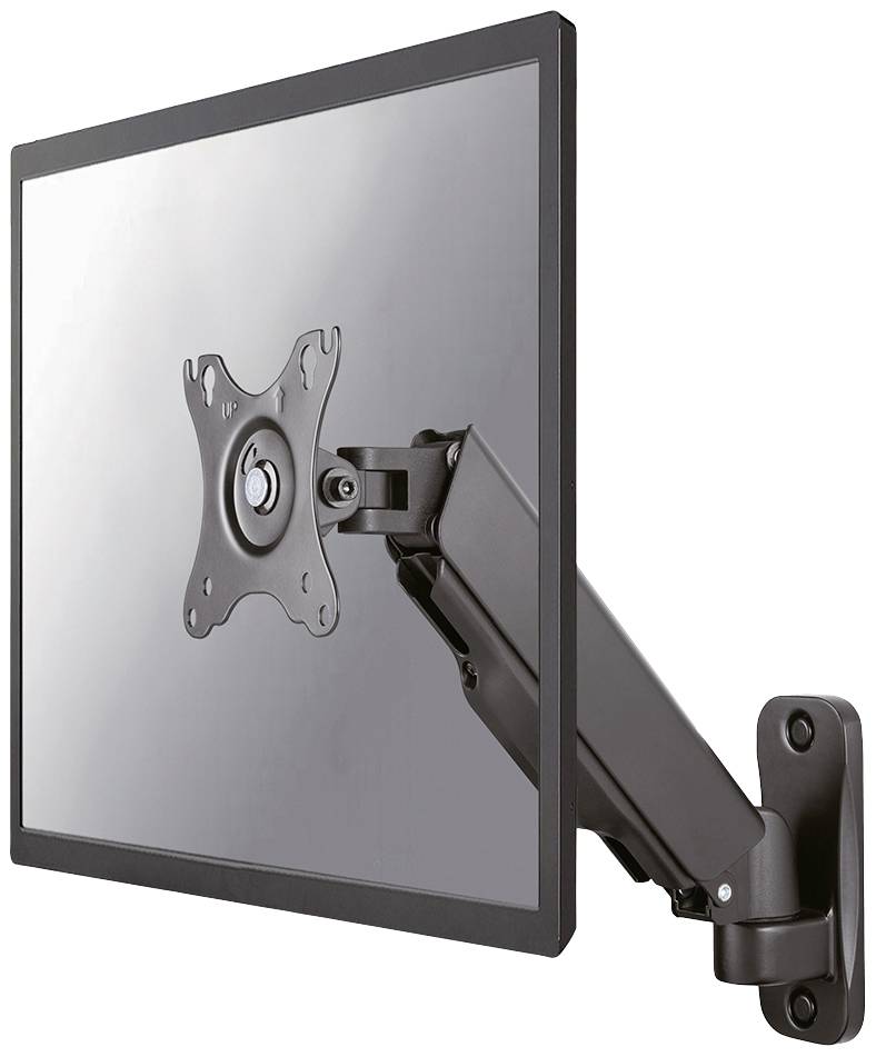 Ein schwarzer Monitorhalter mit einer beweglichen Schwenkarmkonstruktion, an einer Wand montiert, hält einen Monitorbildschirm.