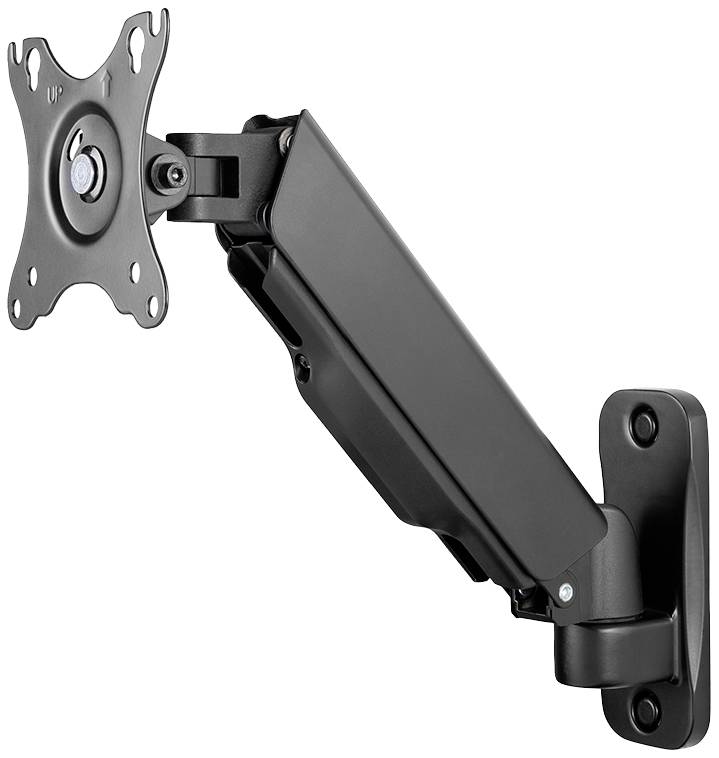 Schwarze, verstellbare Monitorhalterung aus Metall, zur Wandmontage. Geeignet für Bildschirme. Enthält Schwenk- und Neigungsmechanismus.