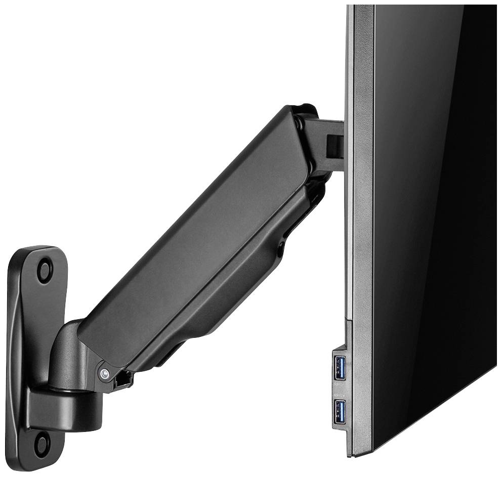 Eine Wandhalterung trägt einen Flachbildschirm mit USB-Anschlüssen an der Seite.