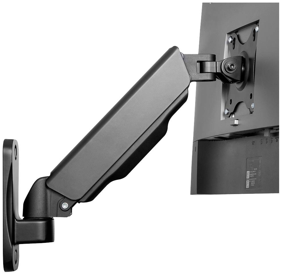 Ein schwarzer, verstellbarer Monitorarm, an einer Wand montiert, hält einen Bildschirm. Ideal für flexible Bildschirmpositionierung.
