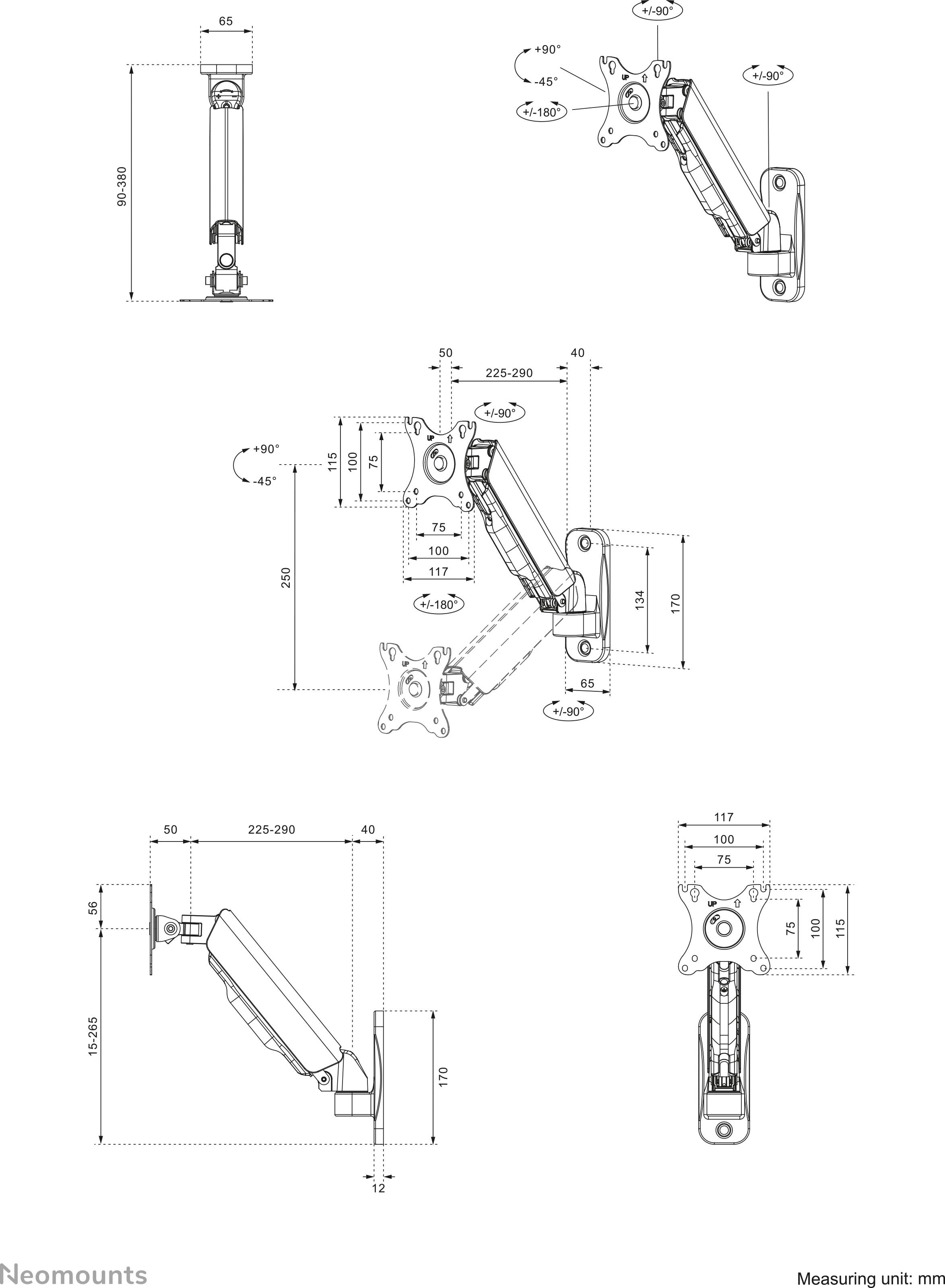 Zeichnung eines Monitorarms mit einstellbaren Winkeln und Abmessungen. Höhen-, Dreh- und Neigungsoptionen in Millimetern angegeben.
