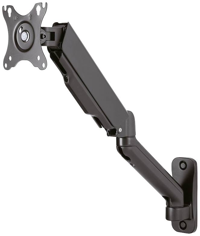 Monitorhalterung aus Metall mit schwenkbarem Arm, an einer Wand montiert. Geeignet zur flexiblen Anpassung der Bildschirmposition.