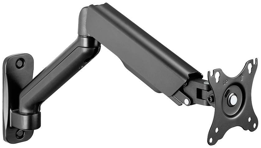 Schwenkbare schwarze Monitorhalterung mit VESA-Anschlussplatte, an der Wand befestigt. Verstellbarer Arm für flexible Positionierung.