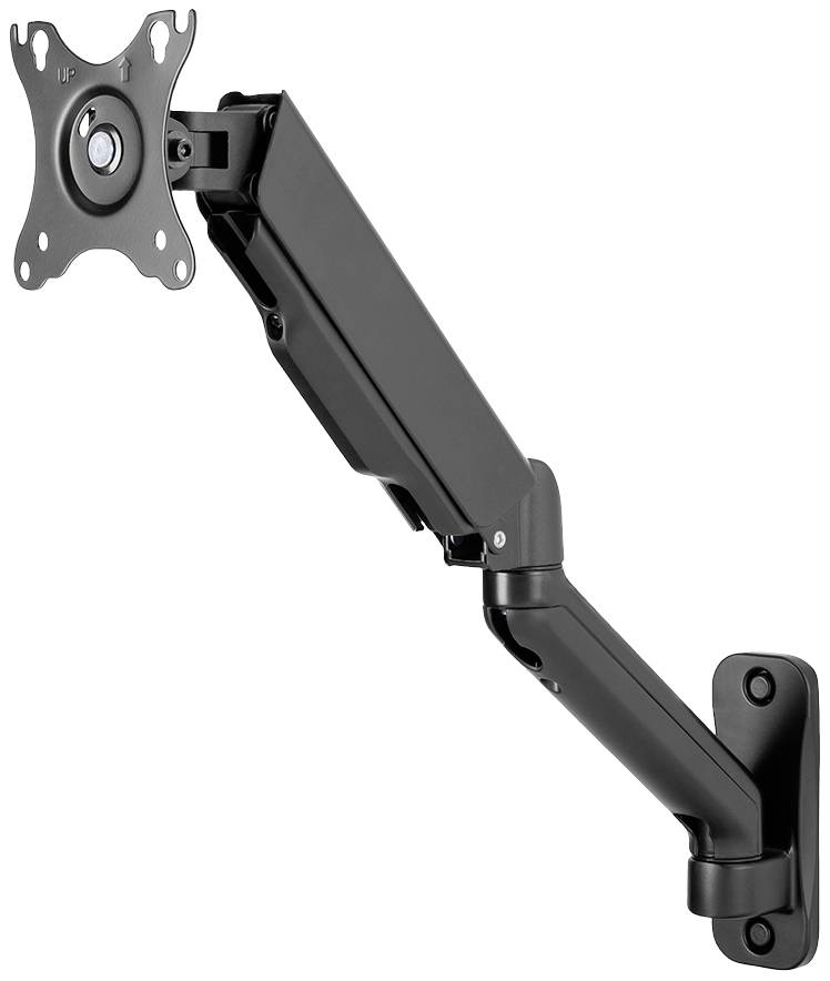 Schwarze, verstellbare Monitorhalterung zur Wandmontage, geeignet für verschiedene Bildschirmgrößen.