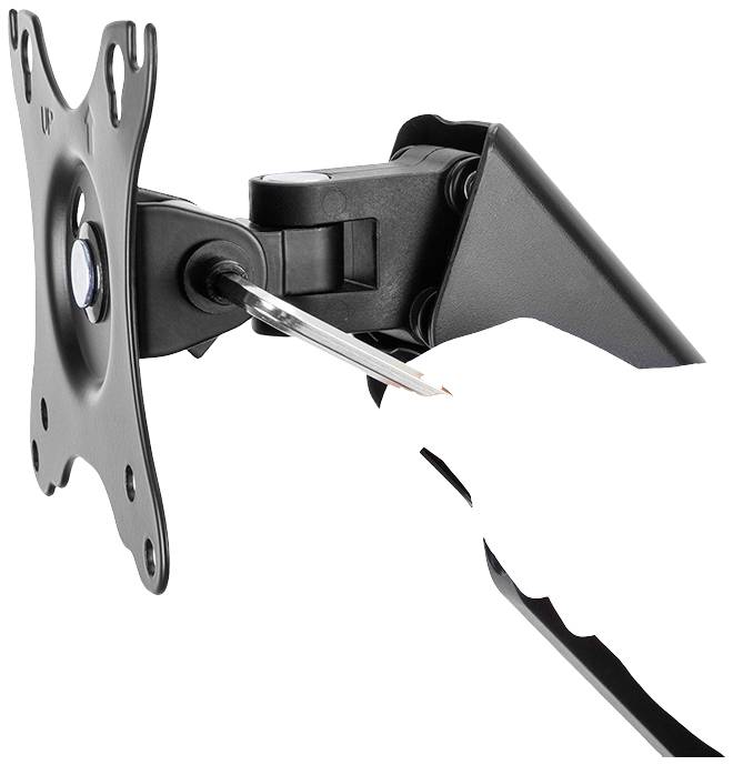 Ein schwarzer, verstellbarer Monitorarm mit Montagemöglichkeit, geeignet für verschiedene Bildschirmgrößen, seitlich dargestellt.